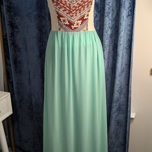 Elegant Mint and Patterned Maxi Dress